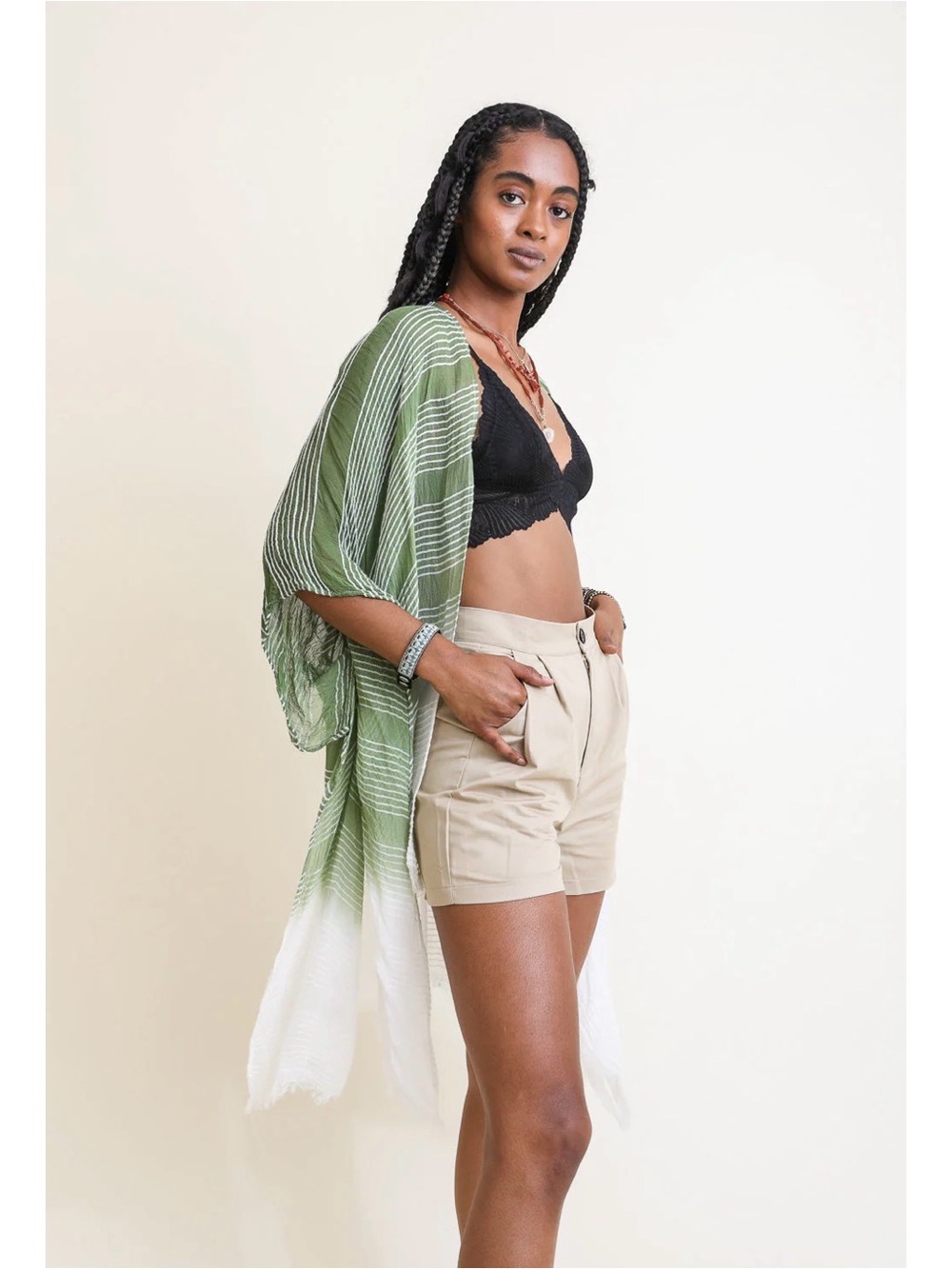 NWOT Lightweight Green and White Striped Kimono Tunic- one size